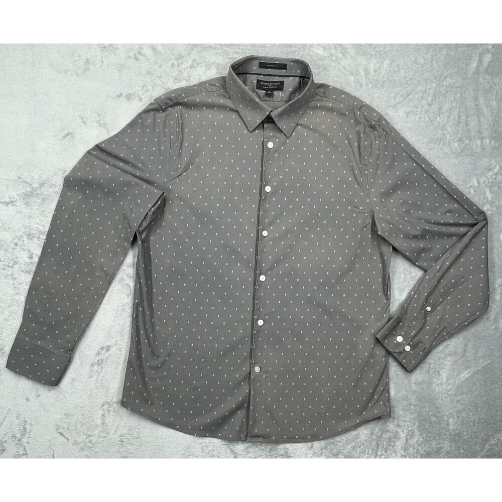 Banana Republic ~Men's Size L~Gray/Dots Non Iron Slim Fit Button-Up Shirt Cotton